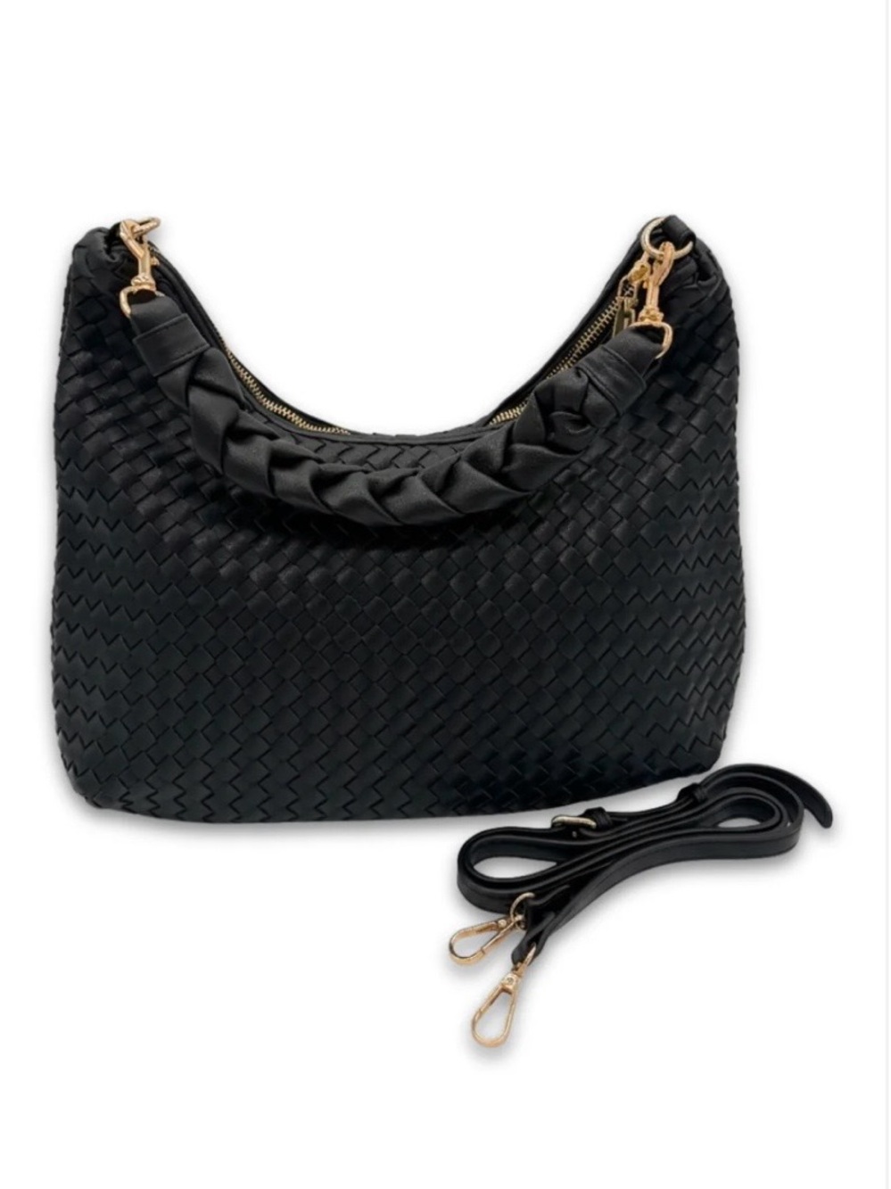 Black Kelly Woven Convertible Shoulder Bag, Hobo Handbag with Removable Strap